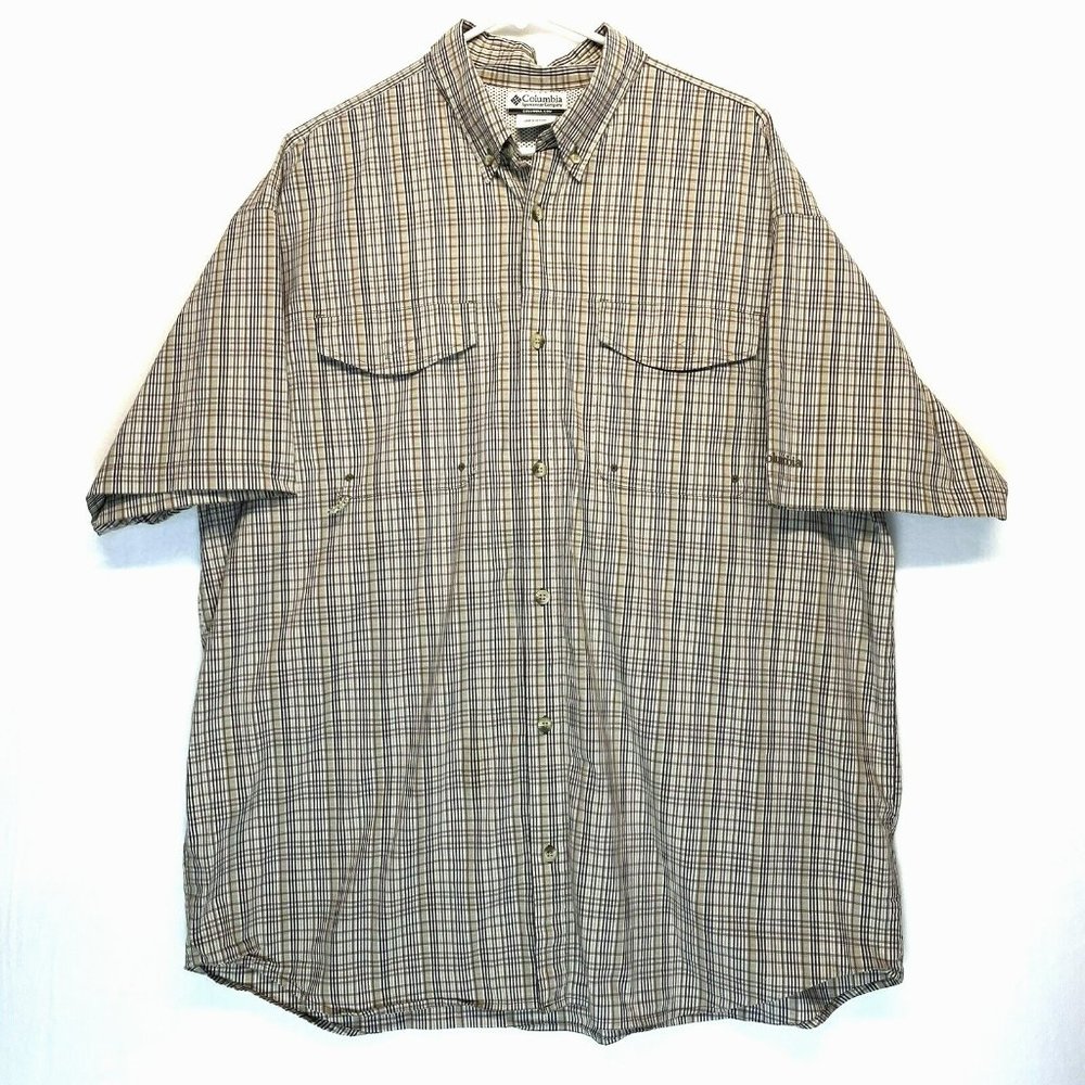 Columbia Mens Shirt Size XL Vented Fishing Plaid Beige Brown Outdoor‎ Stretch